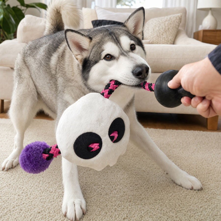 Husky tugging on the rope of the Chewvox extra large skull plush dog toy