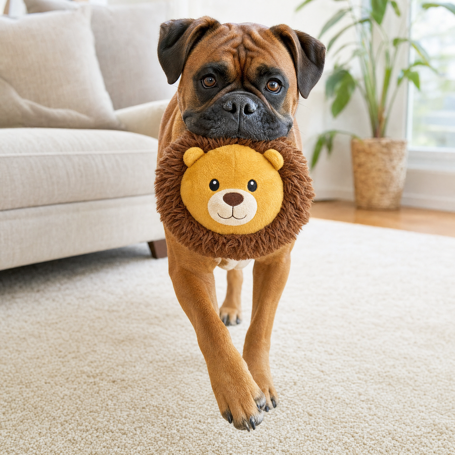 Boxer carrying the Chewvox lion fetch dog toy