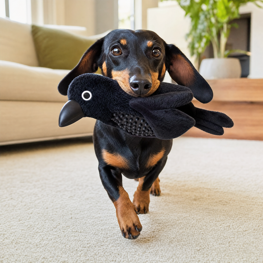 Dachshund carrying the Chewvox crow enrichment dog toy