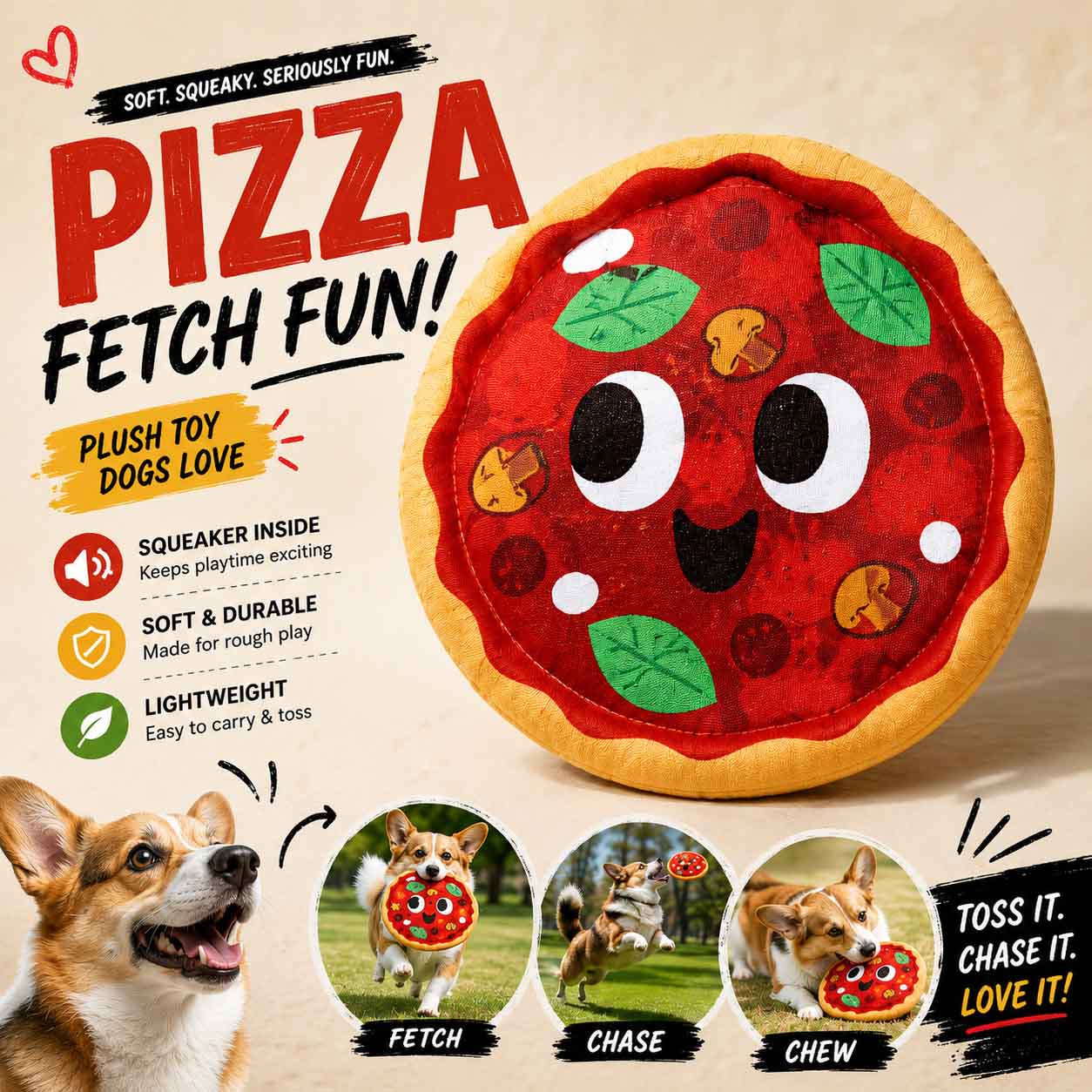 Signore Pizza Face Plush Fetch Dog Toy