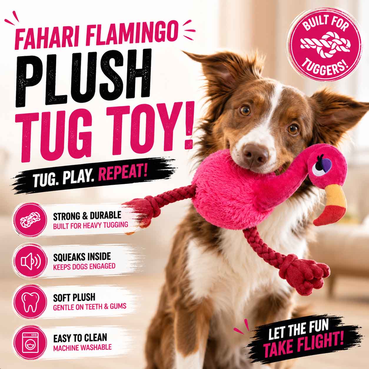 Fahari Flamingo Plush Extra-Large + Tug Dog Toy
