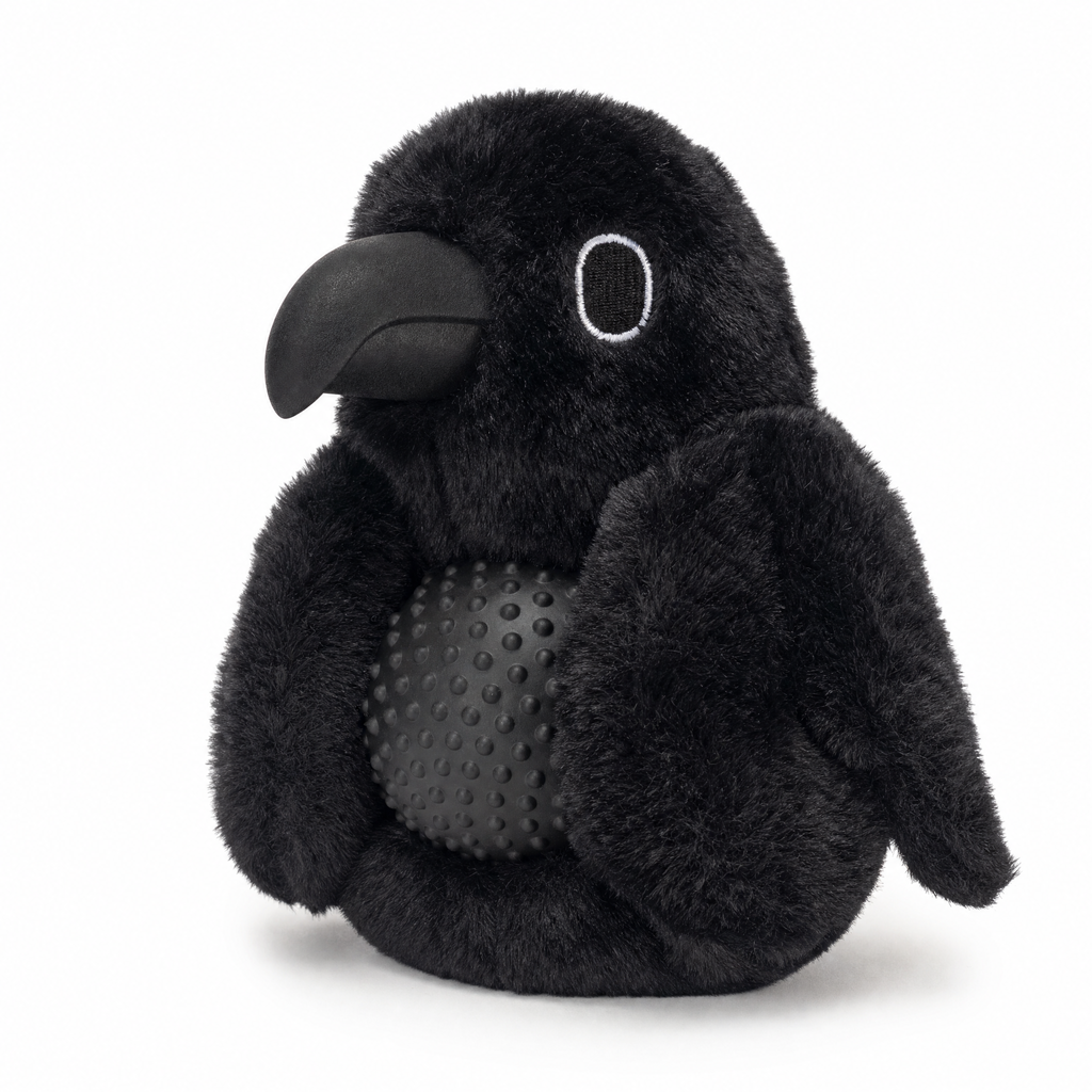 Chewvox crow plush enrichment dog toy with textured ball centre