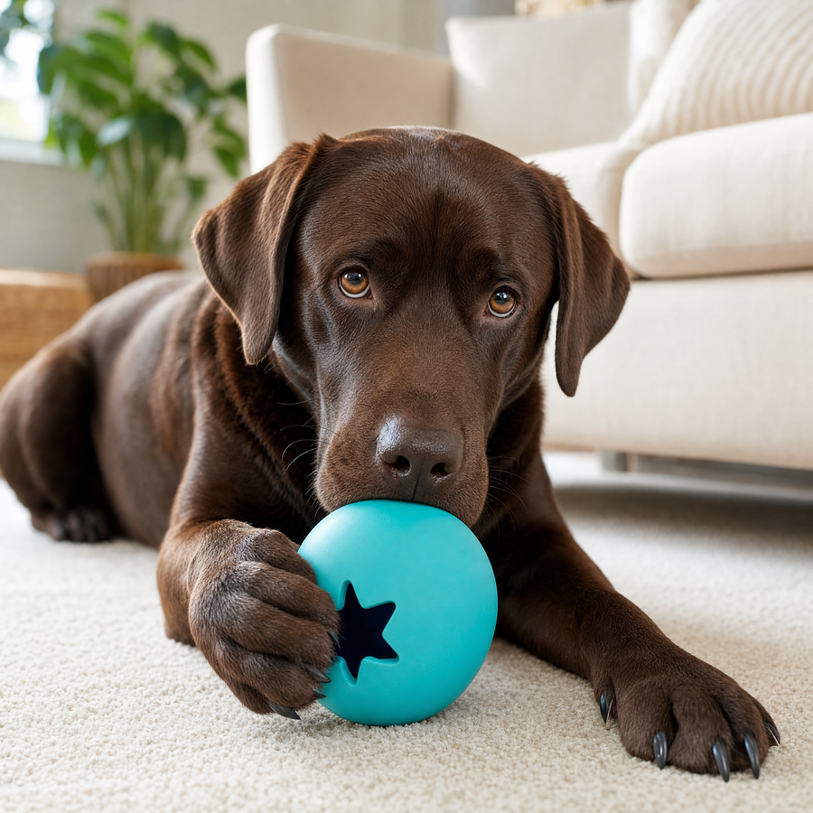 Chocolate labrador working at the Chewvox turquoise treat ball enrichment dog toy