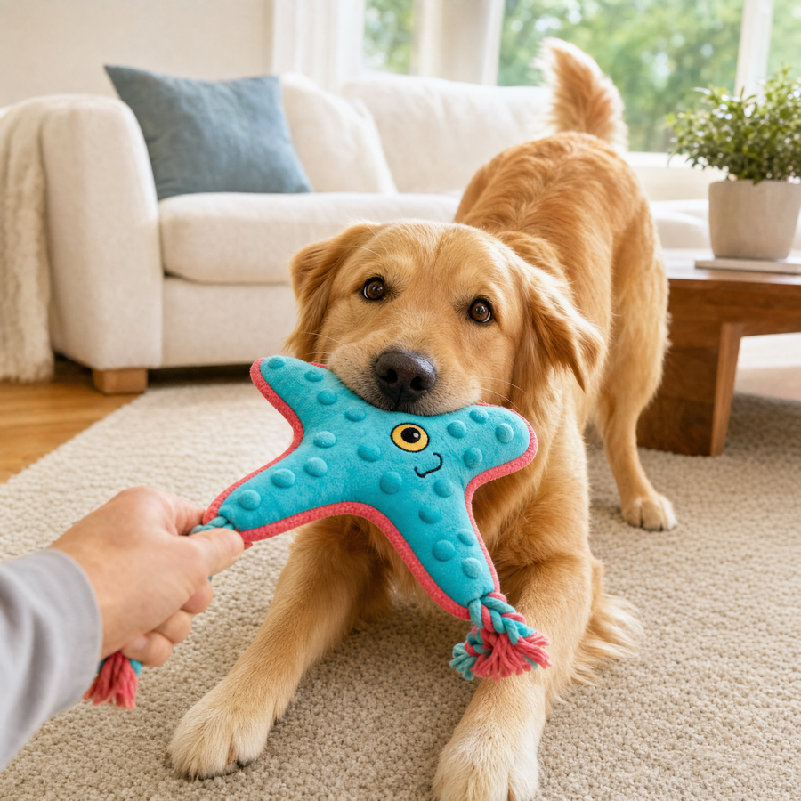 Golden retriever tugging on the Chewvox turquoise starfish plush dog toy