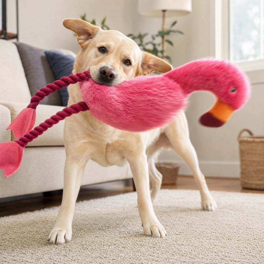 Labrador carrying the Chewvox extra large flamingo plush tug toy by its rope leg