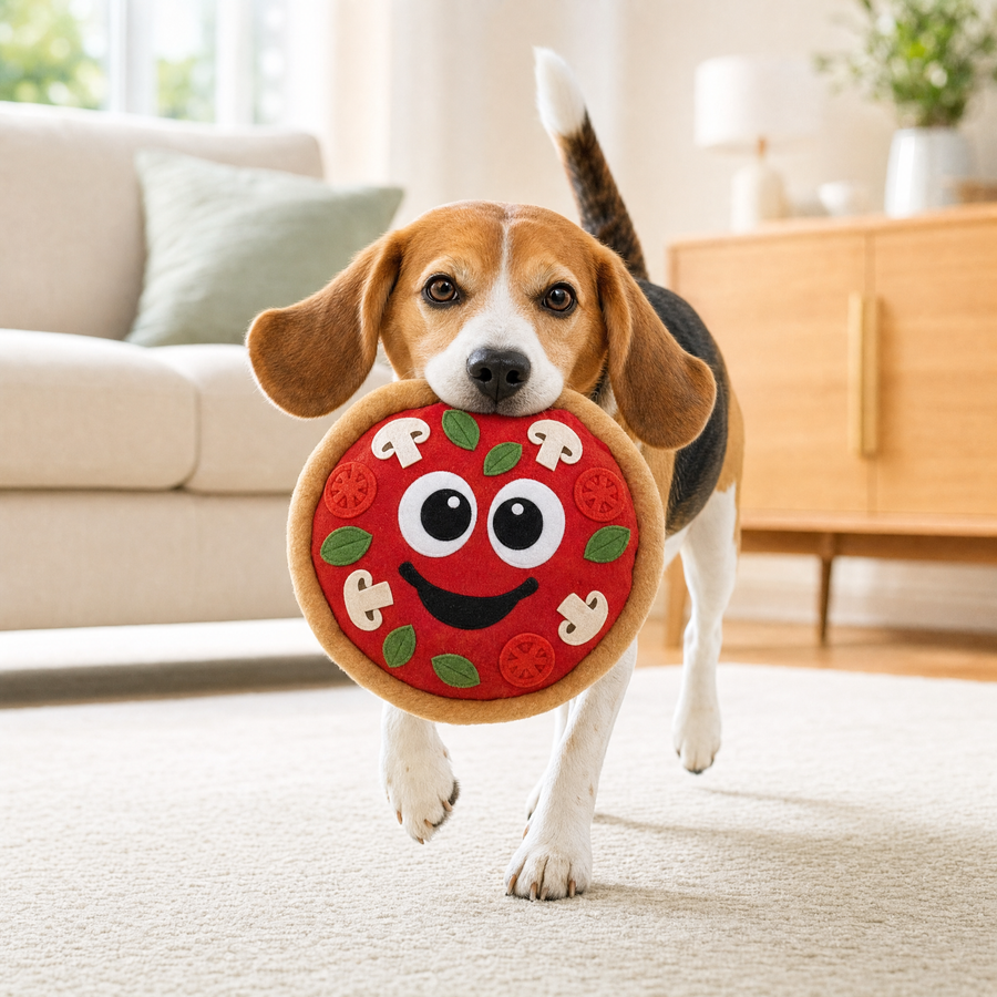 Beagle carrying the Chewvox pizza plush fetch dog toy